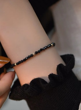 极细2mm黑尖晶设计款水晶石天然强光淡水珍珠黑蝶贝猫咪纯银手链