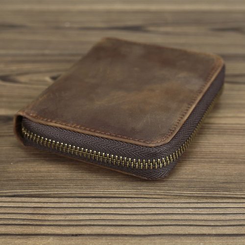 手工真皮拉链短钱包零钱包疯马牛皮男士复古头层牛皮多功能皮卡包 - 图2