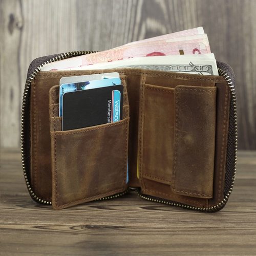 手工真皮拉链短钱包零钱包疯马牛皮男士复古头层牛皮多功能皮卡包 - 图0