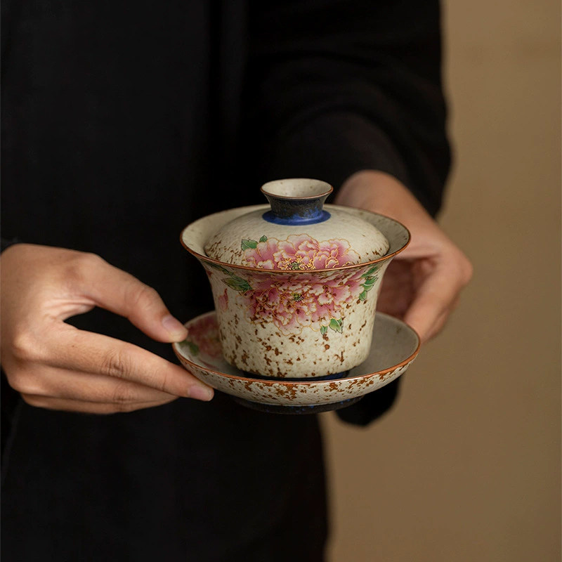 中式复古青花火石红牡丹马蹄三才盖碗家用陶瓷单个带盖防烫泡茶碗,淘宝优惠券,粉丝福利购,淘宝优惠卷