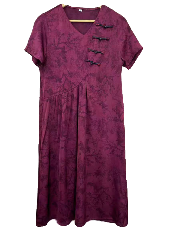 中老年妈妈连衣裙2024年夏季新款婚宴喜婆婆红色盘扣裙子气质洋气 - 图3