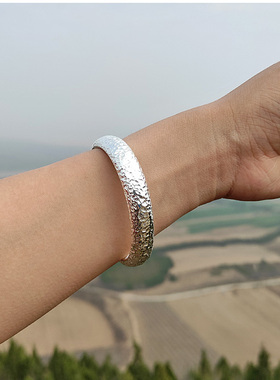 民族风女99足银锤纹实心手工