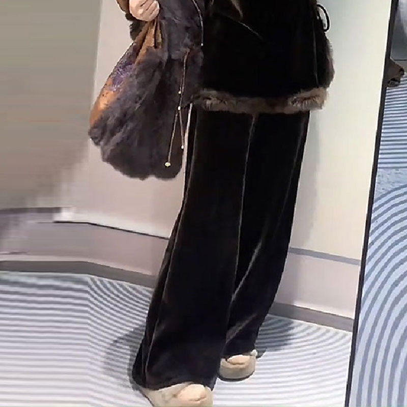 新中式丝绒加厚套装女2025冬季新款毛毛拼接加绒衬衫阔腿裤两件套,淘宝优惠券,粉丝福利购,淘宝优惠卷