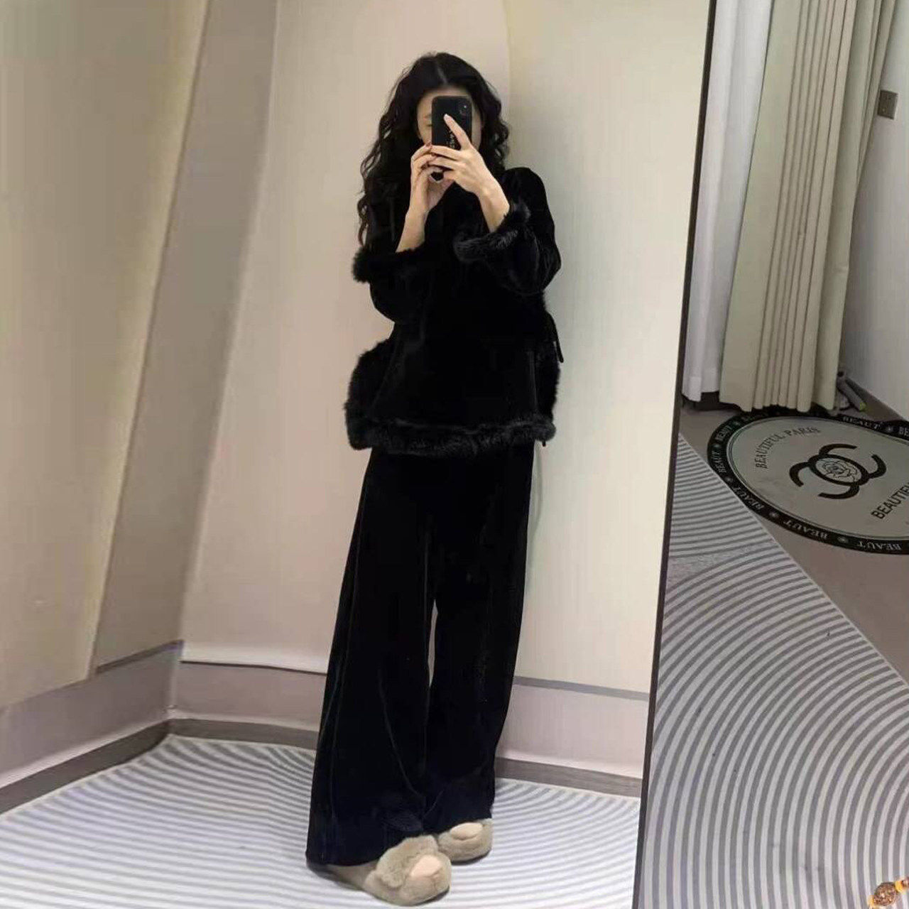 新中式丝绒加厚套装女2025冬季新款毛毛拼接加绒衬衫阔腿裤两件套,淘宝优惠券,粉丝福利购,淘宝优惠卷