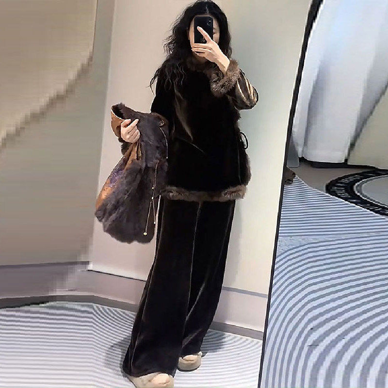 新中式丝绒加厚套装女2025冬季新款毛毛拼接加绒衬衫阔腿裤两件套,淘宝优惠券,粉丝福利购,淘宝优惠卷