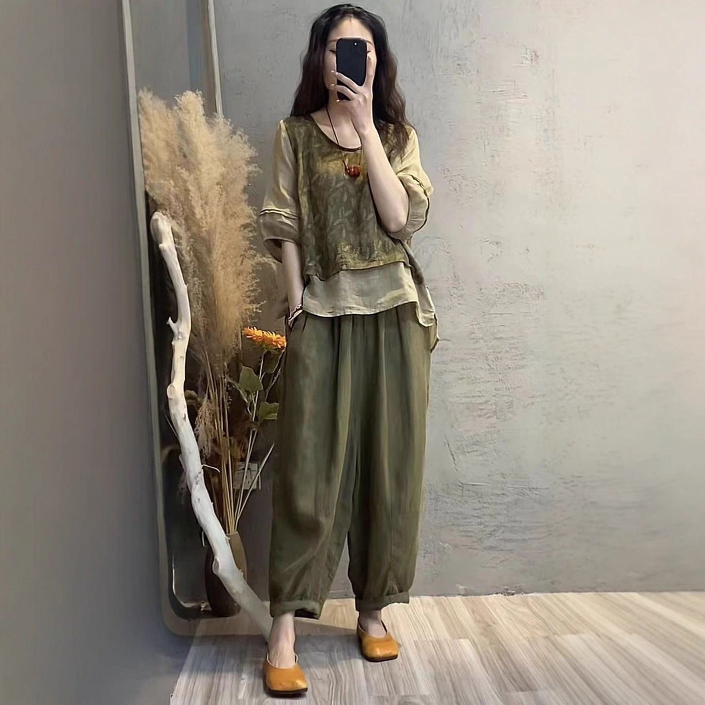 时尚大码棉麻套装女夏季新款宽松显瘦印花拼接上衣哈伦裤两件套装,淘宝优惠券,粉丝福利购,淘宝优惠卷