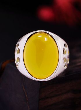 纯银戒指光面镂空蜜蜡镶嵌S925