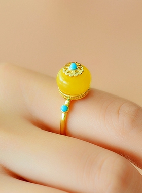 S925纯银戒指空托时尚女款隔片隔珠小面包圈DIY蜜蜡松石琥珀镶嵌