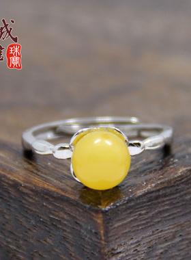 diy纯银珍珠蓝珀蜜蜡戒指空托
