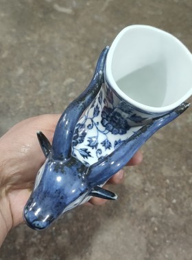 怀旧陶瓷器青花羊角杯子爵大明永乐年制景德镇客厅手画仿古工艺品