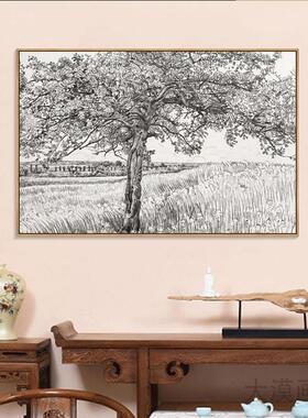 法式中古黑白素描树装饰画