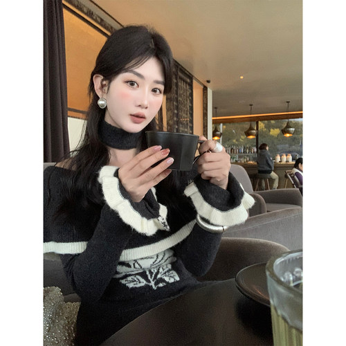 SYT自制 大圆领围脖花朵羊毛针织连衣裙女冬喇叭袖收腰A型修身裙 - 图1