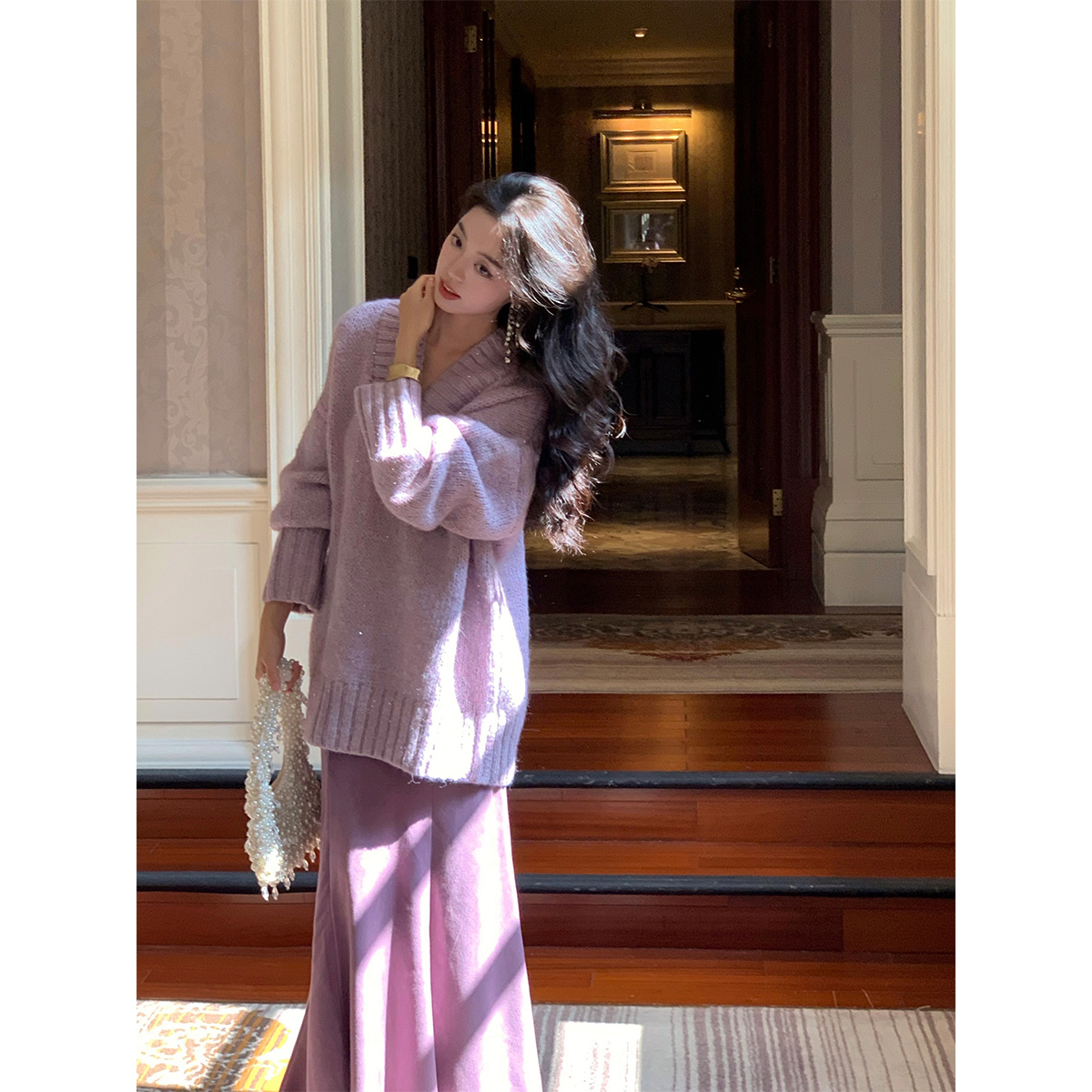 SYT自制 人棉6片斜裁鱼尾高腰半身裙女简约百搭纯欲慵懒风中长裙 - 图1