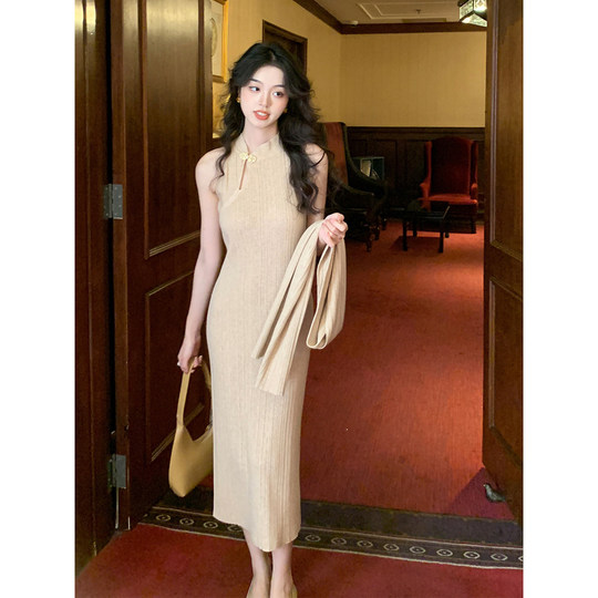 SYT自制 新中式旗袍针织套装连衣裙女秋冬修身显瘦裙短披肩两件套