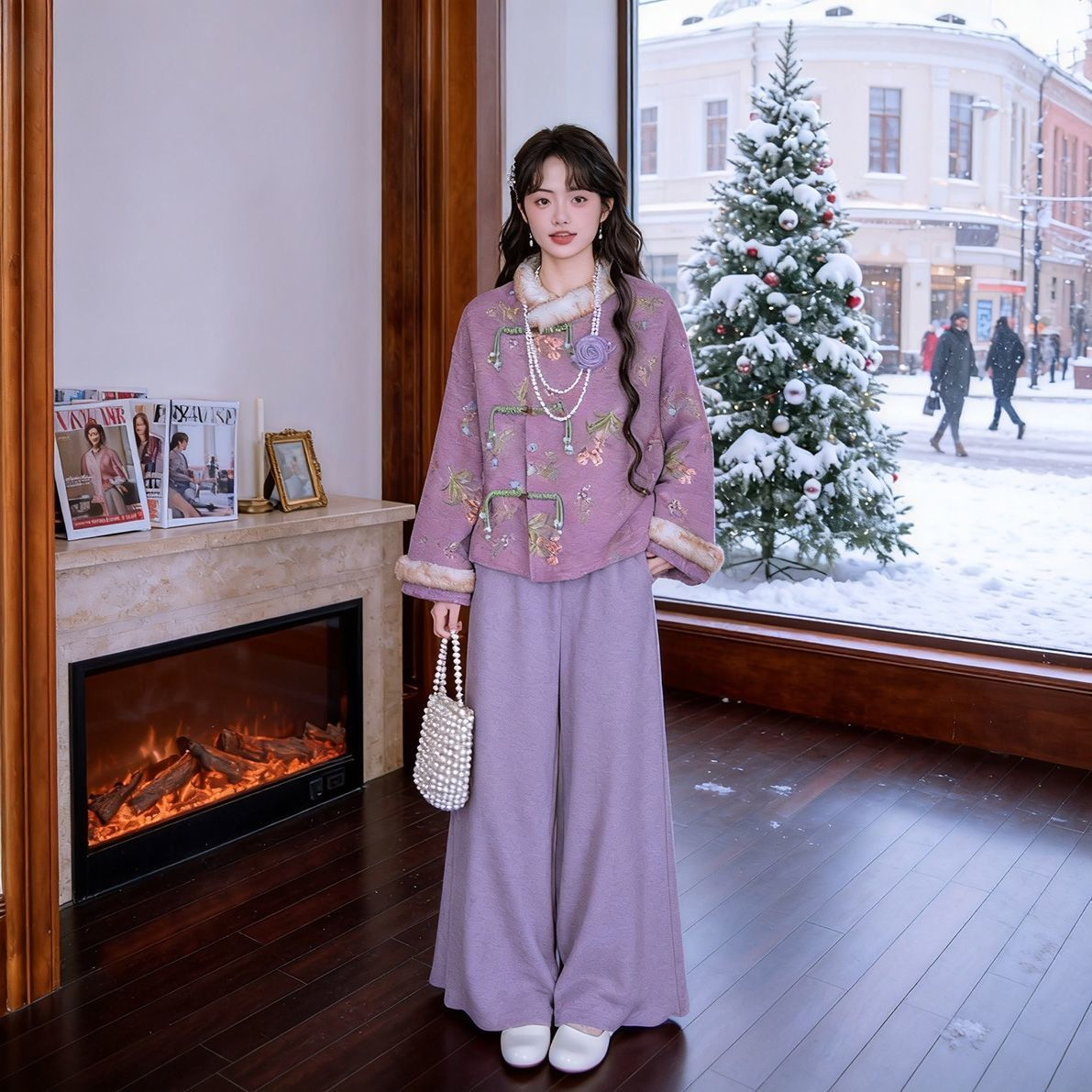 超好看紫色优雅新中式保暖毛绒领旗袍女2025冬新款倒大袖日常可穿,淘宝优惠券,粉丝福利购,淘宝优惠卷