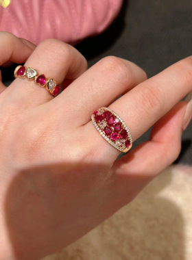 Lucky K S925银奢华石榴红蕾丝排钻戒指招财黄钻戒指高碳镶嵌