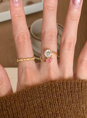 Lucky K S925银双生石粉白水滴锆石戒指开口可调节