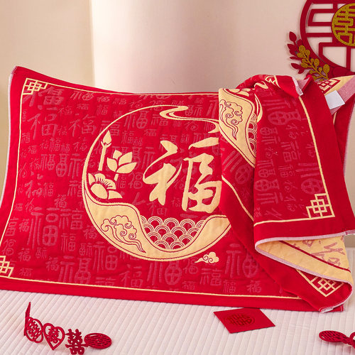 百福枕巾纯棉纱布枕头巾情侣家用婚庆福字大红色全棉盖巾新年垫巾 - 图3