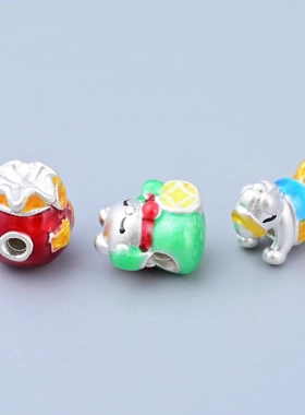 S999足银彩色滴胶马上有钱福袋金钱猫隔珠 可爱3D立体DIY手串配件