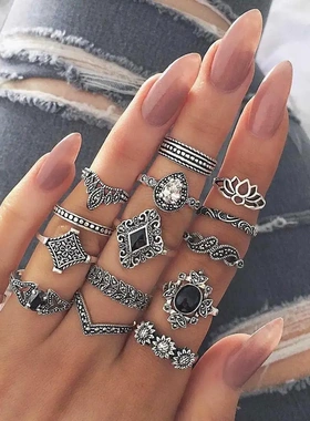 Vintage Boho Finger Rings Set Moon Snake Crystal Midi