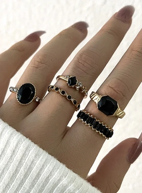 Retro Black Crystal Stone Ring Set For Women Vintage