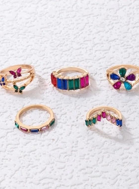 Bohemian Colorful Crystal Geometric Rings Set For Women