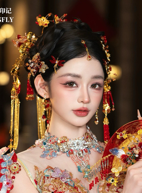 后区长流苏新中式新娘金红色头饰秀禾旗袍南洋风礼服发饰减龄大气