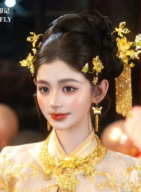新娘头饰发簪金色秀禾旗袍晨袍龙凤褂马面裙新中式发饰结婚订婚