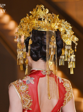 金色中式新娘秀禾服头饰古风汉服龙凤褂结婚礼服凤冠霞帔婚礼发饰