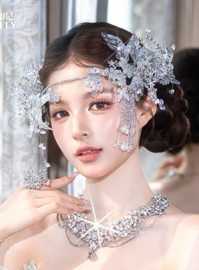 法式新娘主婚纱礼服头饰银色蝴蝶额链盖茨侧边流苏比婚礼宴会发饰