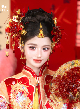 新娘金红色羽毛花朵新中式头饰秀禾旗袍晨袍汉服马面裙超仙女发饰