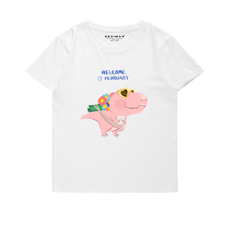 GESIMAO 粉色小恐龙插画印花 童趣上衣宽松女学生夏季原创t恤短袖