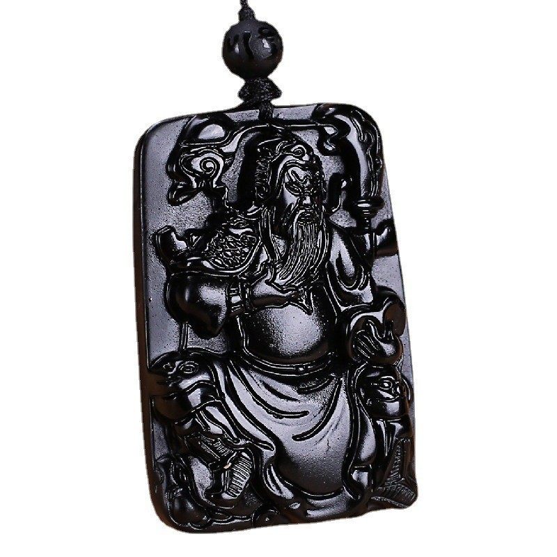 黑曜石看书文关公吊坠天然水晶忠义关羽武财神雕刻挂坠男女脖项链