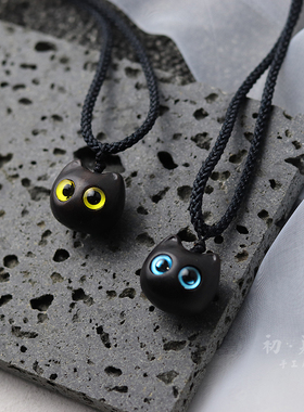 原创天然黑檀木猫头项链男女礼物