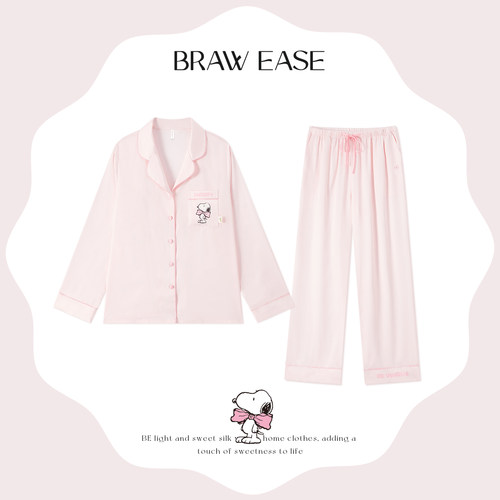 史努比冰丝睡衣女款秋冬防凸点丝绸秋天长袖带胸垫家居服套装秋季 - 图3