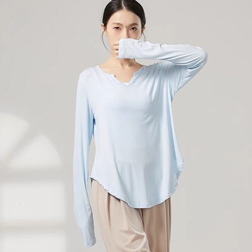 轻柔莫代尔棉T恤女宽松舒适飘逸V领练功服现代舞服弧形摆基训上衣 - 图0