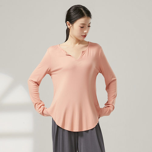 轻柔莫代尔棉T恤女宽松舒适飘逸V领练功服现代舞服弧形摆基训上衣 - 图1