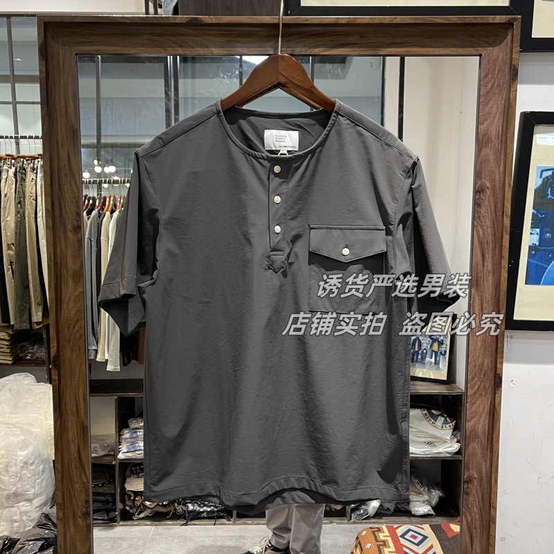 山系复古雅痞宽松阔版无领短袖衬衫男潮流时尚半开襟圆领套头衬衣 - 图0