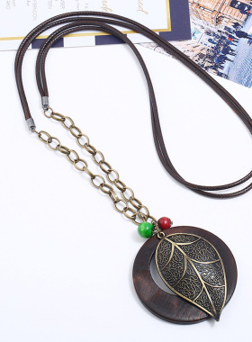 欧美女士长款合金毛衣链树叶吊坠