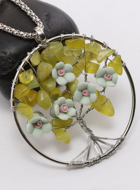 diy手工天然生命树草绿色毛衣链