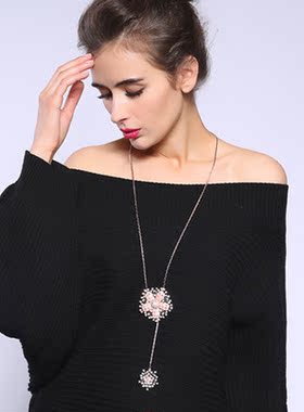 欧美镶钻水晶花朵吊坠长款毛衣链