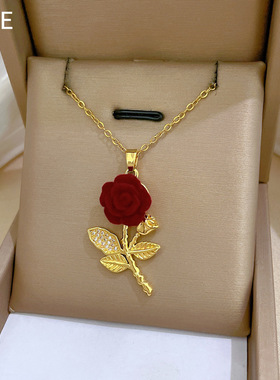 【钛钢】玫瑰花满钻轻奢气质华丽满钻项链女百搭锁骨链钛钢毛衣链