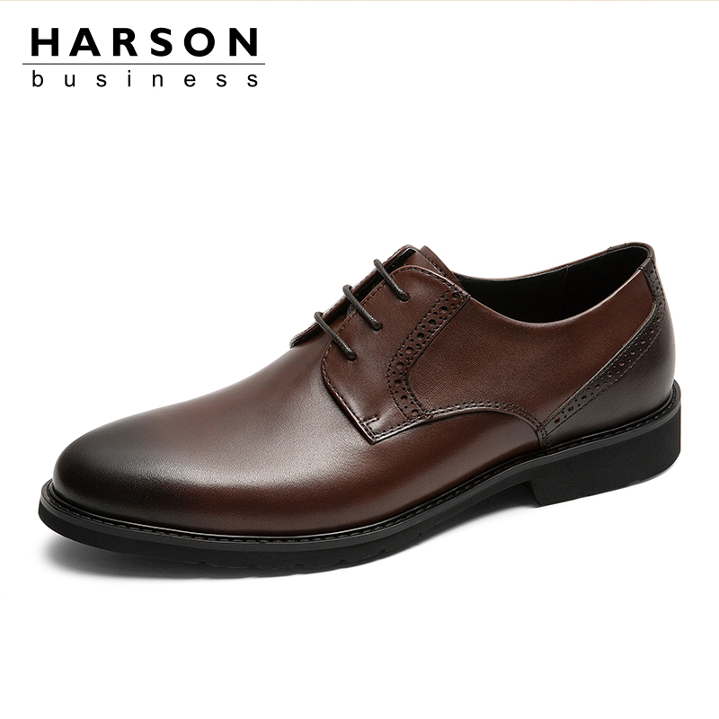 哈森男鞋官方旗舰店Harson/哈森商务正装皮鞋英伦德比鞋布洛克低帮系带皮鞋男MS066080