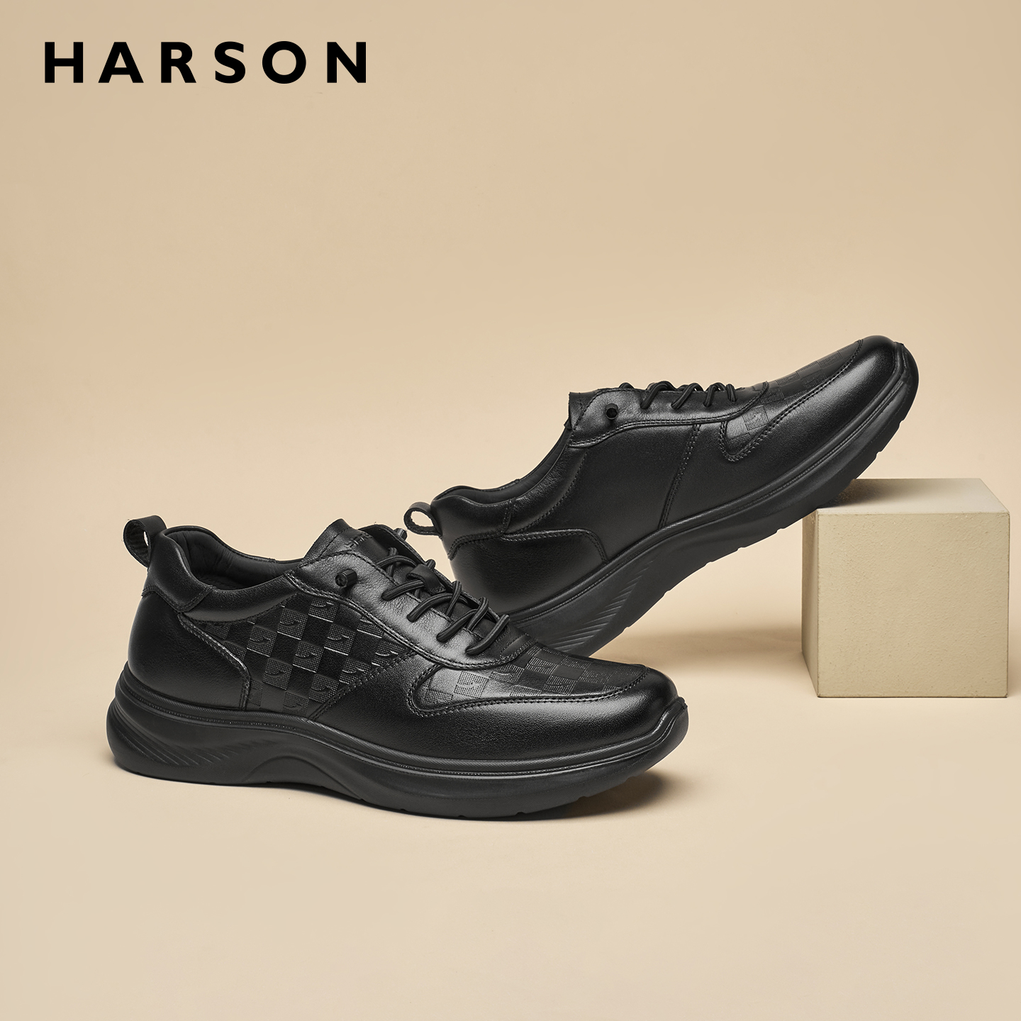 哈森男鞋秋季商务休闲鞋男士皮鞋增高全黑软底公务鞋真皮运动鞋子 - 图1
