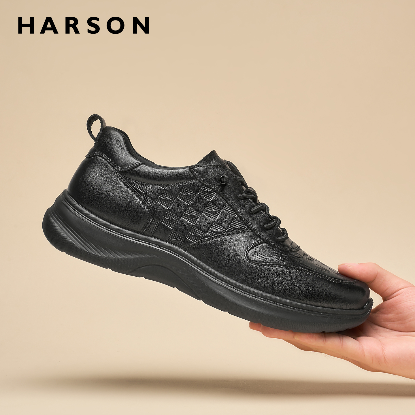 哈森男鞋秋季商务休闲鞋男士皮鞋增高全黑软底公务鞋真皮运动鞋子 - 图2