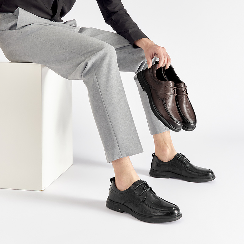 哈森男鞋秋季商务休闲皮鞋男士软底真皮爸爸鞋舒适黑色公务通勤鞋 - 图3