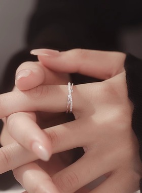 镶钻交叉树枝指环新款气质精致树叶双层橄榄枝高级轻奢开口戒指女