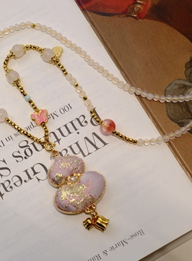 新中式旗袍配饰宋锦粉葫芦吊坠项链长款女饰品