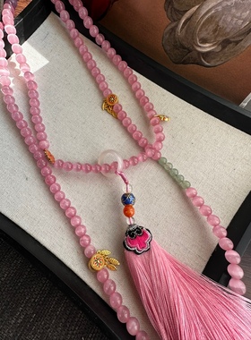 透粉国风斜挎链中式背背项链百搭民族风抖音同款绣花长流苏项链