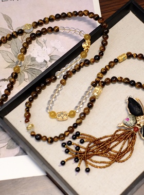 新中式国风天然虎眼吊坠多宝长款斜挎包包链斜挎链背背链多层链